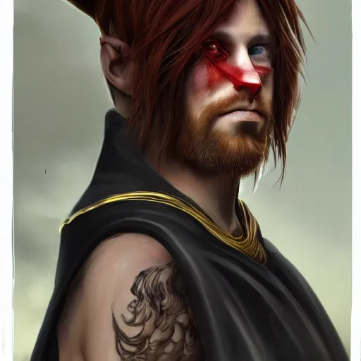 Image similar to A man with red hair parted in the middle in a surfer's cut, straight hair down to the ear. His left eye has three diagonal wounds, but the eye is open. He wears a black cloak with a collar. painted fantasy character portrait, head shot, concept art, sharp focus, highly detailed, illustration, trending on artstation, art by greg rutkowski