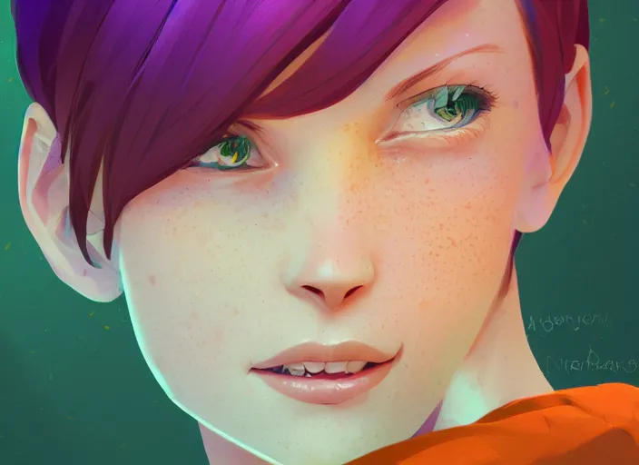 Image similar to portrait of a beautiful smiling girl with orange hair and freckles, green eyes, highly detailed, digital painting, concept art, smooth, sharp, focus, background is purple, anime key visual, lois van baarle, ilya kuvshinov, rossdraws, artstation