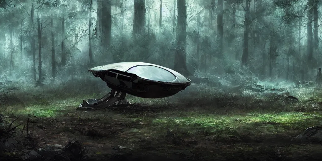 Image similar to abandoned crashed ufo in the forest, concept art, art station landscape, cinematic lighting hyper realistic painting, dark atmosphere