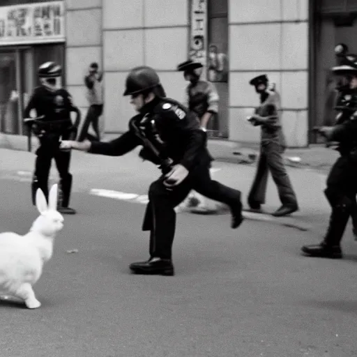 Image similar to a young man throwing a rabbit at a riot cop, leica m 9, voigtlander 3 5 mm, 1 9 6 0 s