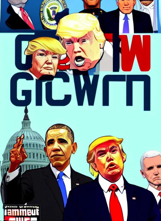 Image similar to GTA Cover Art, Obama, Biden, Trump, Pelosi, Schumer, Pence