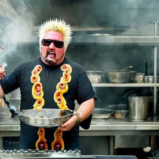 Image similar to guy fieri with tentacles and blade like hair and sharp teeth, in a restaurant kitchen with fire and boiling oil, film still from the movie directed by denis villeneuve with art direction by salvador dali