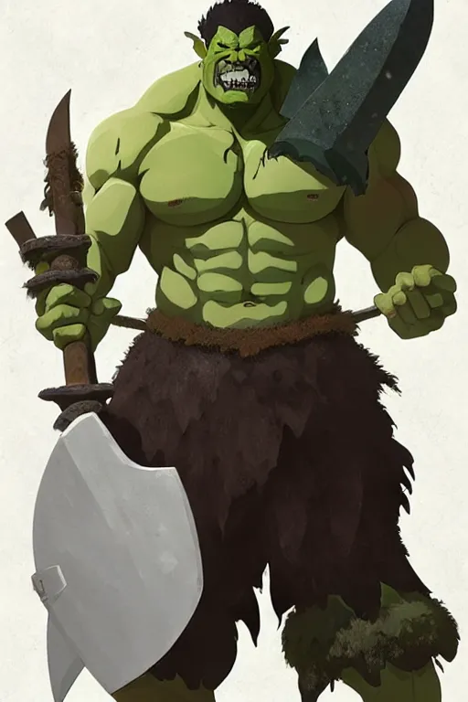 Image similar to orc barbarian male, green skin, exquisite details, big axe, earth magic, mid view, design on a white background, by studio muti, greg rutkowski makoto shinkai takashi takeuchi studio ghibli