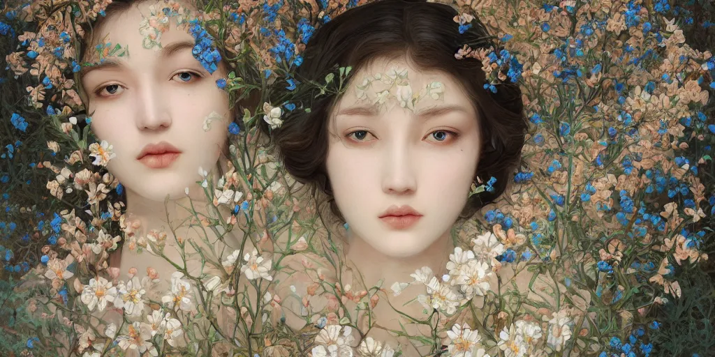 Image similar to breathtaking detailed concept art painting portrait of the goddess of nemophila flowers, orthodox saint, with anxious piercing eyes, ornate background, amalgamation of leaves and flowers, by hsiao - ron cheng, extremely moody lighting, 8 k