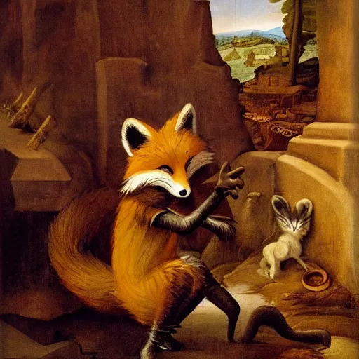 Image similar to an anthropomorphic furry Fox explores a Dungeon, Renaissance Painting