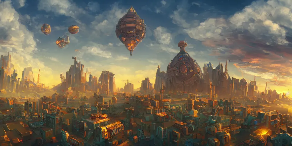 Image similar to a city in the style of piltover from arcane, blimps in the sky, blue skies, soft clouds, trending on artstation