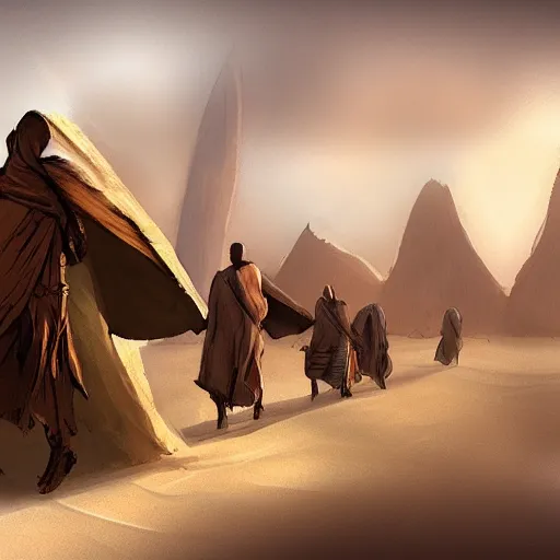 Prompt: last oasis, nomads wandering the desert concept art