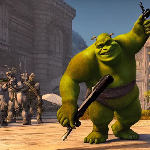 Image similar to ultra wide gameplay screenshot, shrek fighting with steven armstrong ( metal gear ) on a helipad, epic, world record, digital illustration radiating a glowing aura global illumination ray tracing hdr fanart arstation