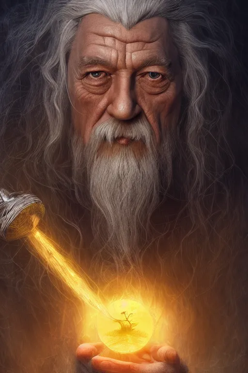 Prompt: Gandalf, magical, forest, evening, yellow mist, symmetrical face, large eyes, hyper realistic, digital art, octane render, trending on artstation, artstationHD, artstationHQ, unreal engine, 4k, 8k