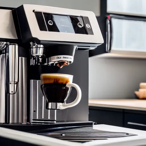 Prompt: dslr photo of a biomechanical coffee machine in a kitchen,