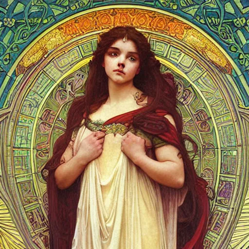 Image similar to detailed portrait art nouveau painting of the goddess of the sun who resembles Anya Taylor Joy, Chloe Grace Moretz, and Emma Watson in a art nouveau cathedral by Alphonse Mucha, Michael Whelan, William Adolphe Bouguereau, John Williams Waterhouse,