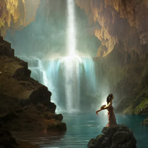 Prompt: an extremely detailed matte painting of a throuple dancing in a cavern behind a waterfall, epic fantasy, viewed in profile from far away, sharp focus, detailed face, art by greg rutkowski and alphonse mucha, volumetric lighting, 4 k resolution, trending on artstation, masterpiece