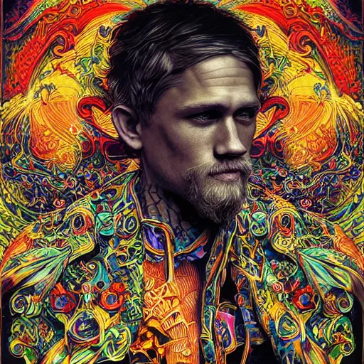 Image similar to portrait of charlie hunnam, hyper detailed masterpiece, neon floral pattern, jean giraud, digital art painting, darkwave goth aesthetic, psychedelic, artgerm, donato giancola and tom bagshaw