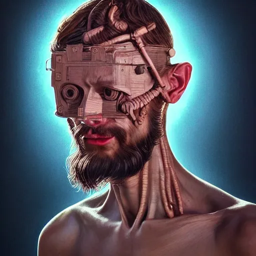 Image similar to Colour Caravaggio and Leonardo da Vinci style full body portrait Photography of Highly detailed Man with 1000 years old perfect face wearing highly detailed sci-fi VR headset designed by Josan Gonzalez. Many details In style of Josan Gonzalez and Mike Winkelmann and andgreg rutkowski and alphonse muchaand and Caspar David Friedrich and Stephen Hickman and James Gurney and Hiromasa Ogura. Rendered in Blender and Octane Render volumetric natural light