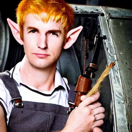 Image similar to close up headshot of a skinny high-fantasy elf with a long face narrow chin and spiky blonde hair wearing dark brown overalls and holding a bomb next to a destroyed car, gel spiked blond hair, small ears, high resolution film still, HDR color