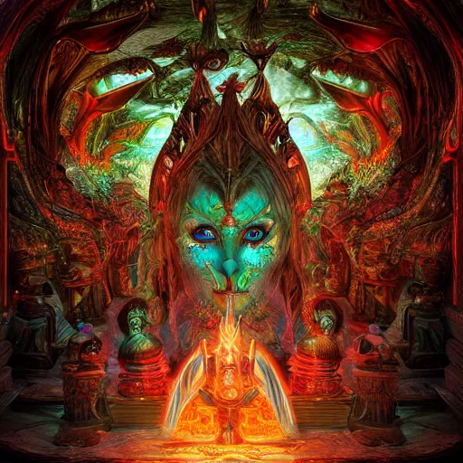 Image similar to Photorealistic magic elven shrine of the demon goddess. Hyperdetailed photorealism, 108 megapixels, amazing depth, glowing rich colors, powerful imagery, psychedelic Overtones, 3D finalrender, 3d shading, cinematic lighting, artstation concept art