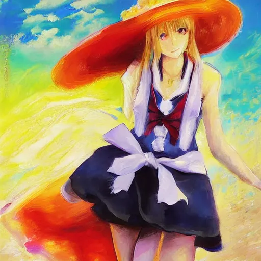 Image similar to Beautiful abstract impressionist painting of Kirisame Marisa from the Touhou project at the beach wearing a maid dress and a hat, touhou project official artwork, danbooru, oil painting by Antoine Blanchard, wide strokes, pastel colors, soft lighting sold at an auction