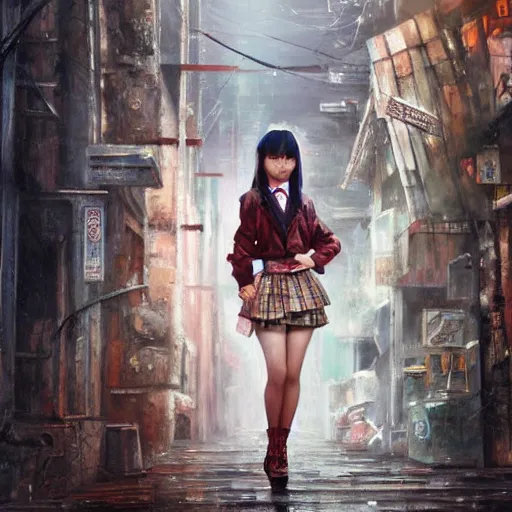 Image similar to a perfect, very detailed, realistic professional oil painting of a Japanese schoolgirl posing in a dystopian alleyway, style of Marvel, full length, by a professional American senior artist on ArtStation, a high-quality hollywood-style concept