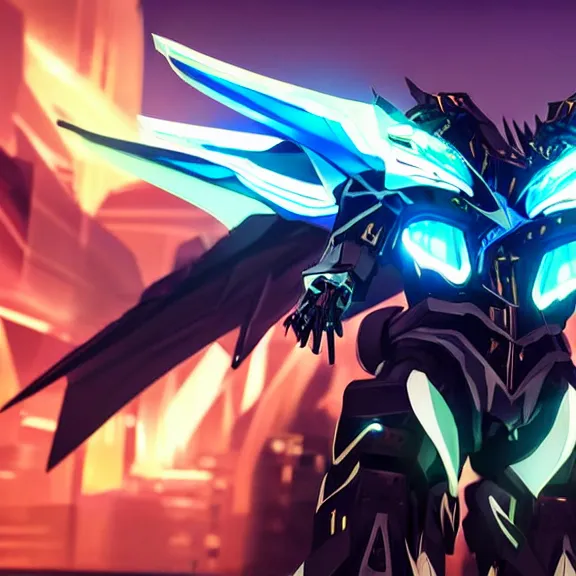 Prompt: cinematic full body shot, of stunning giant beautiful godlike quadrupedal mecha dragon, sharp sleek edged black armor, shining gold accents around the edges, sharp dragon mawshot, sleek OLED blue visor for eyes, sharp metal claws, two massive wings that take up the frame, walking in busy neon city streets, epic shot, full body shot, paw shot, paw art, vore, highly detailed art, sci fi, furry, 8k HD, 3D realistic, warframe fanart, destiny fanart, furry art, dragon art, feral art, macro art, furaffinity, DeviantArt, sofurry