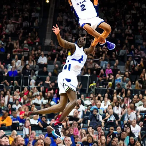 Image similar to a wizard flying through the air playing basketball dunking over a short hobbit whose arms are outstretched pathetically, sports photography