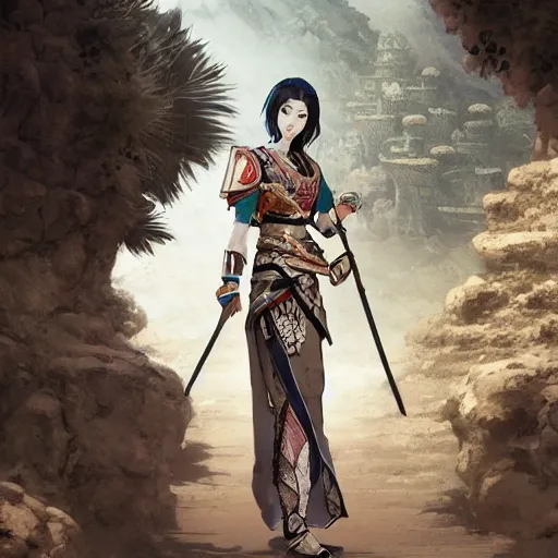 Prompt: ancient asian dynasty princess, three kingdom, dynasty warriors, cute face, standing in an oasis in the desert, 8 k beautiful, elegant, grafity, c 4 d, digital painting, smooth, concept art, in style of yoji shinkawa, pan ren wei, col price, atey ghailan, by greg rutkowski, aesthetic
