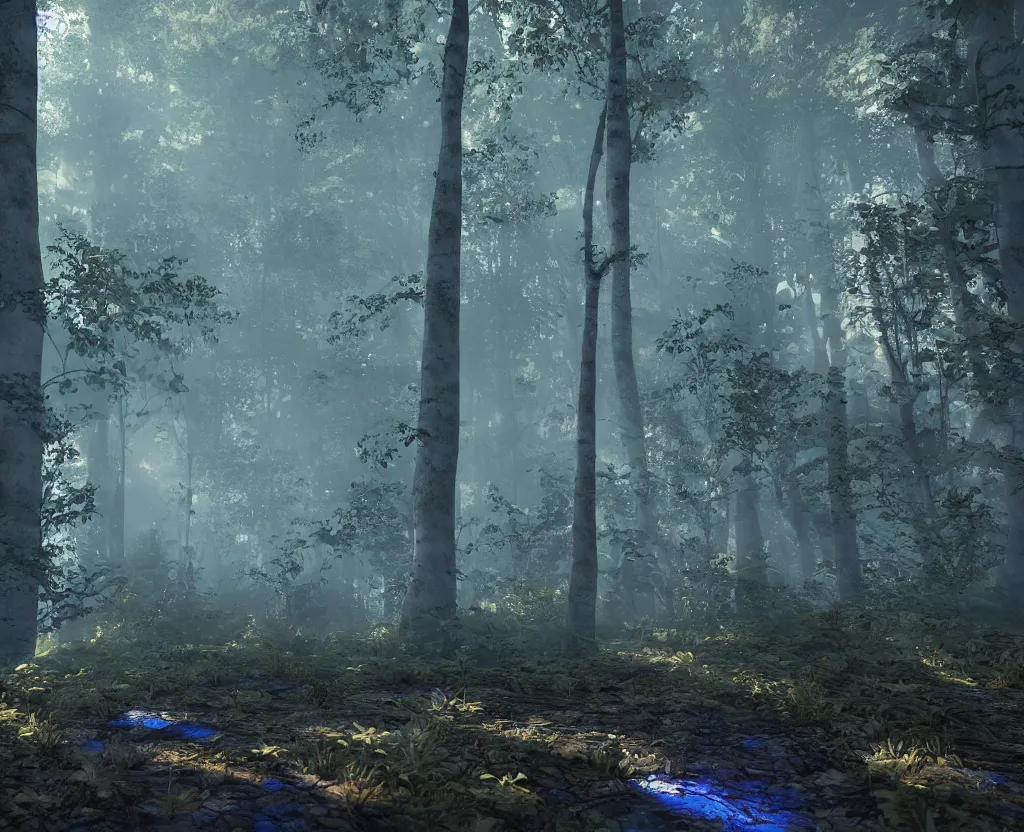 Prompt: blue forest, glowing, unreal engine 5, raytracing, shader, digital art, highly detailed, artstation, octane render