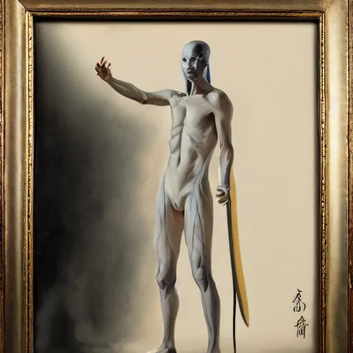 Prompt: fantasy painting of a pale man dressed in robes with a black blade, painted by Zdzlaw Bekinski and Bayard Wu, ultra detailed, 8k