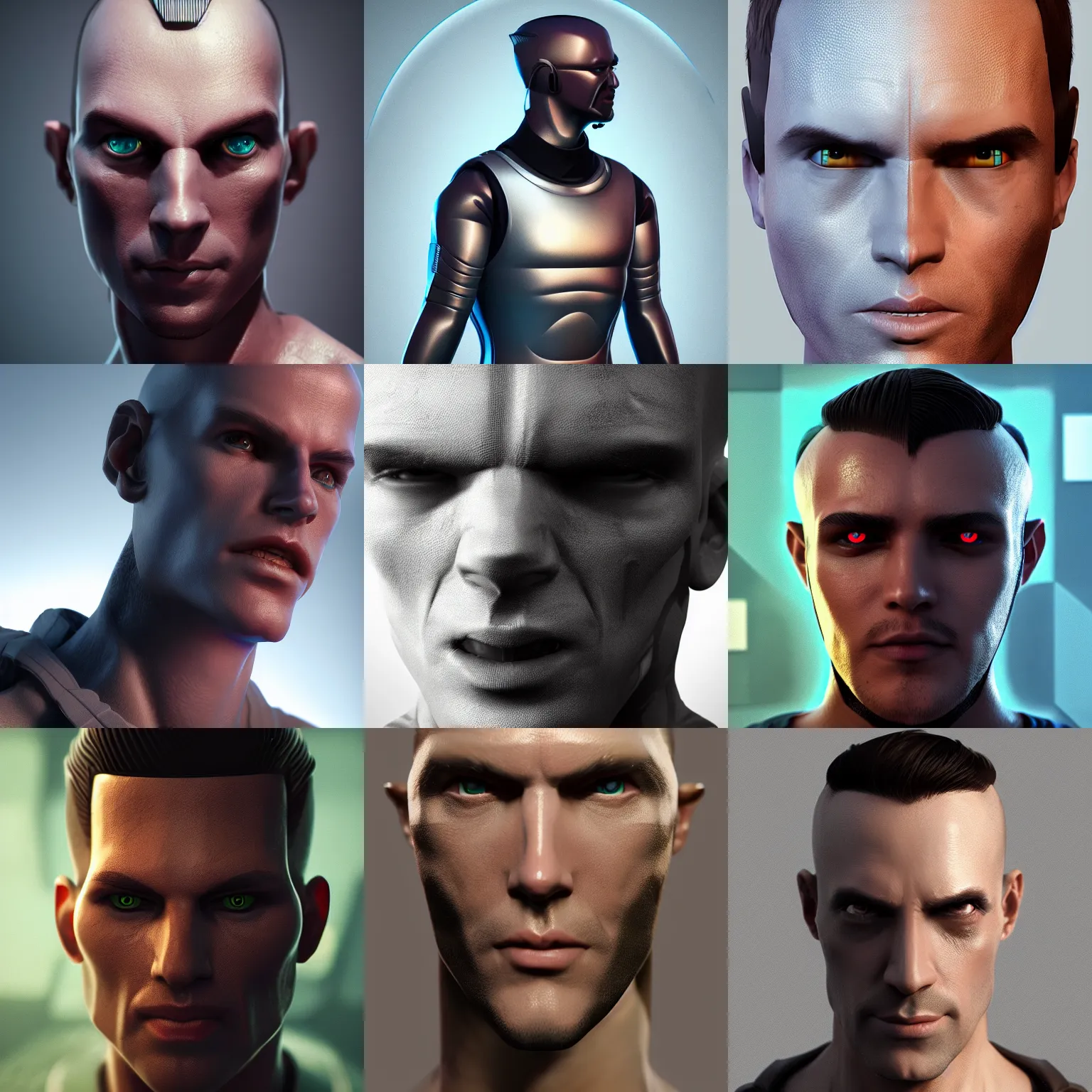 Prompt: half man half android, handsome, male, face, raytracing, octane render, futuristic, volumetric lighting, nvidia raytracing demo, Artstation, CGsociety, masterpiece