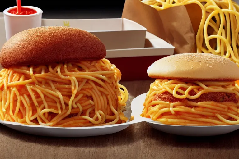 Image similar to mcdonalds spaghetti burger, commercial photograph