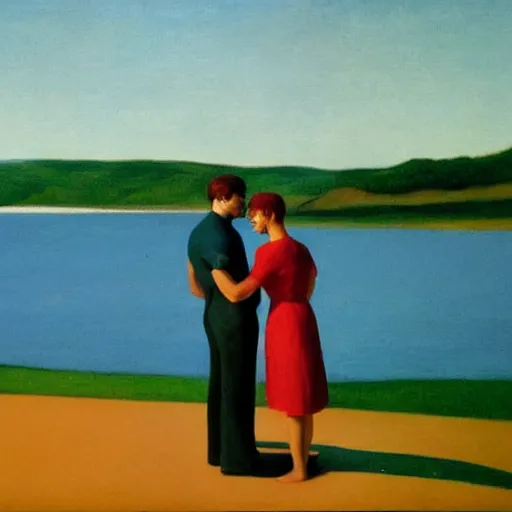 Prompt: A beautiful land art of a man and a woman are standing on a dock, looking out at a body of water. The woman has her hand on the man's shoulder, and they appear to be deep in conversation. The colors in the land art are muted, and the scene has a calming feeling. by Edward Hopper subtle