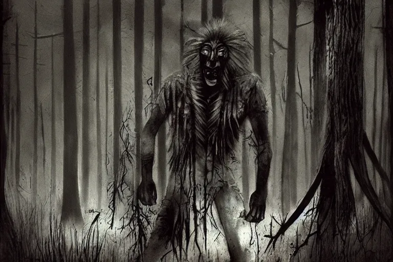 Image similar to mad native american skinwalker in grim forest artwork by ben templesmith