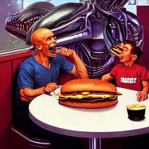 Image similar to alien xenomorph eating a cheeseburger, at a 5 0 s diner, painted by norman rockwell, greg rutkowski, john howe, wlop, artgerm