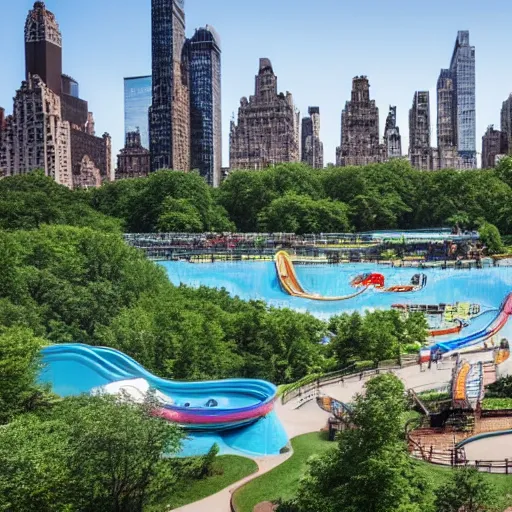 Prompt: highly detailed photo of a large water park with numerous slides and water rides inside of central park. the new york city skyline is shown in the background.