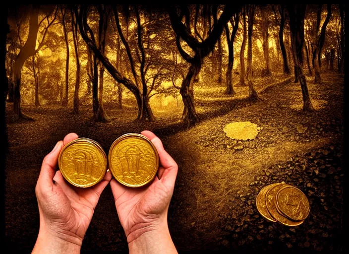 Image similar to old retro burnt out sepia photograph with scratches of an old and wrinkled hand holding a few golden coins with royal engravings. magical forest in the background with bokeh. Antique. High quality 8k. Intricate. Sony a7r iv 35mm. Award winning. Zdzislaw beksinski style