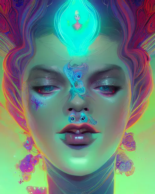 Image similar to lsd, acid trip, intricate, a beautiful woman with ( fox ) features, in professional makeup, dramatic lighting, by lois van baarle, ross tran, greg rutkowski, ultra detailed colorful repeating fractals in the background by moebius, beeple, artstation