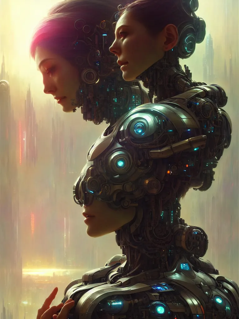 Image similar to ultra realistic, beautiful female cyborg lost in a space metropolis, sci-fi, cyberpunk, concept art, intricate details, eerie, highly detailed, octane render, 8k, , art by artgerm and greg rutkowski and alphonse mucha