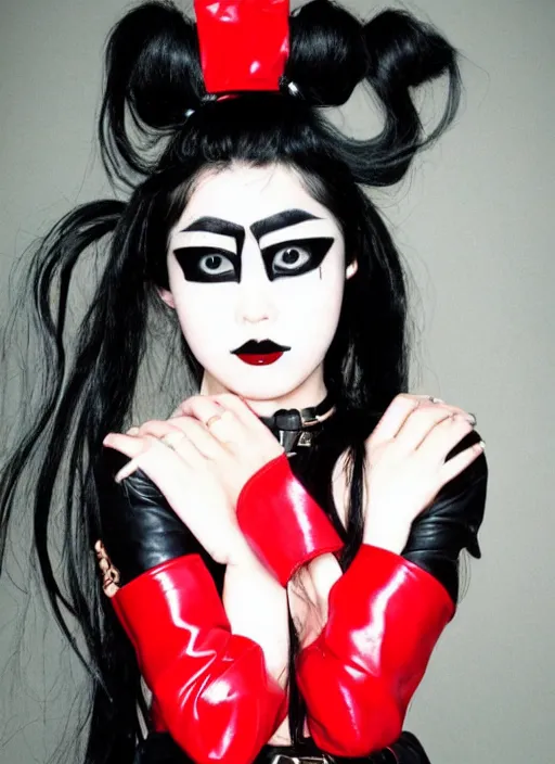 Image similar to photograph of 9 0 s japanese goth girl wearing platform boots and leather outfit, realistic, magazine photo, black eyeliner, long black ponytail, red lipstick