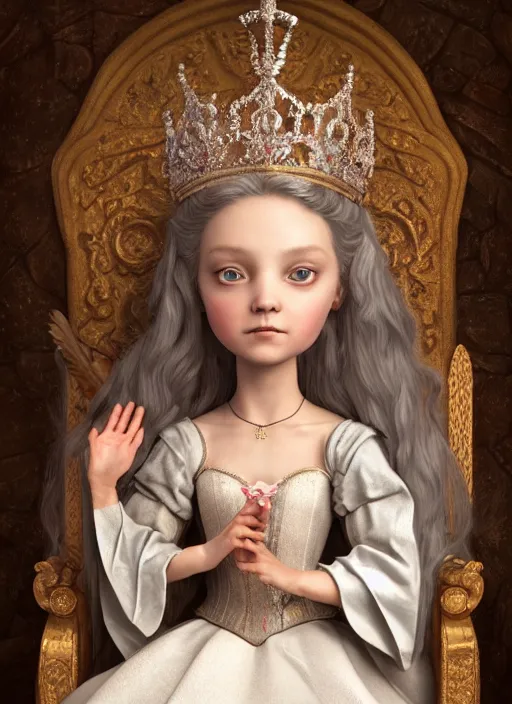 Prompt: highly detailed closeup portrait of a fairytale medieval princess wearing a crown and sitting on a throne, unreal engine, low - poly hands, nicoletta ceccoli, mark ryden, earl norem, lostfish, global illumination, god rays, detailed and intricate environment