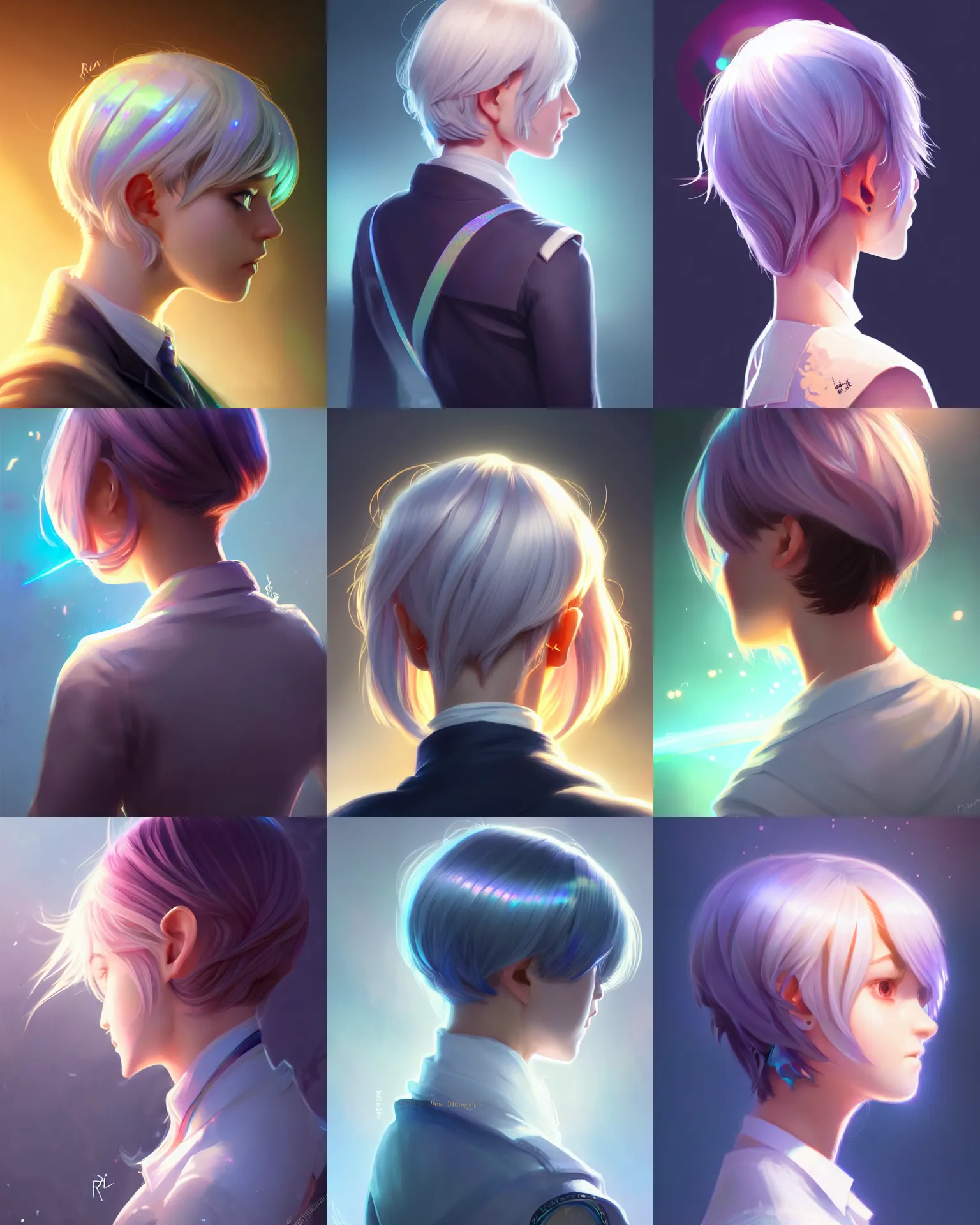 Prompt: back portrait of an innocent lost college girl, strixhaven magic school university uniform, light iridescent hair color, cute short hair style, fantasy, intricate, sharp focus, lens flare, bloom, rim light, illustration, highly detailed, digital painting, concept art, matte, art by ruan jia