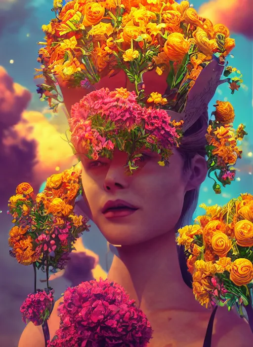 Prompt: An epic fantastic realism comic book style painting of the most beautiful flowers launched into space, bouquets, Shamanic Mask, fisheye lens, unreal 5, DAZ, hyperrealistic, octane render, dynamic lighting