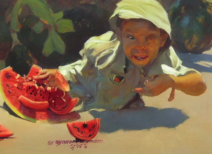 Prompt: a highly detailed beautiful portrait of a spider paying for a watermelon, by gregory manchess, james gurney, james jean