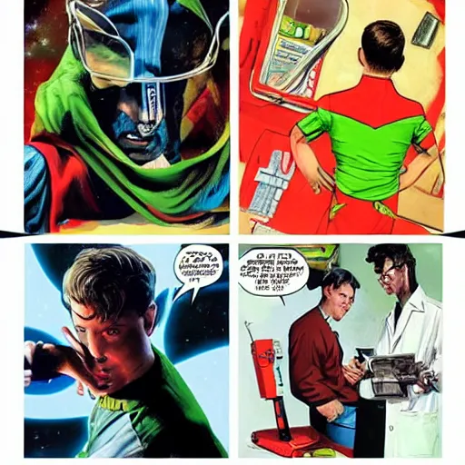 Prompt: Alex Ross and Sergio Bleda and Jérémy Petiqueux and Alex Maleev artwork of a boy super scientist in a retro space costume