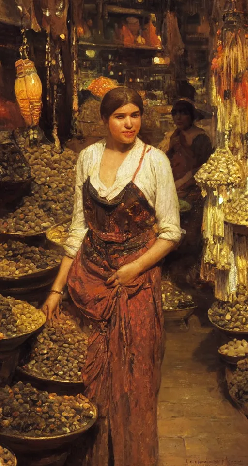 Image similar to young woman standing in a spice market at night by theodore ralli and nasreddine dinet and anders zorn and nikolay makovsky and edwin longsden long, oil on canvas, masterful intricate artwork, excellent lighting, high detail 8 k