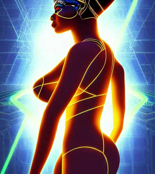 Image similar to symmetry!! egyptian goddess of technology, solid cube of light, hard edges, product render retro - futuristic poster scifi, lasers and neon circuits, brown skin beautiful egyptian goddess, intricate, elegant, highly detailed, digital painting, artstation, concept art, smooth, sharp focus, illustration, dreamlike, art by artgerm