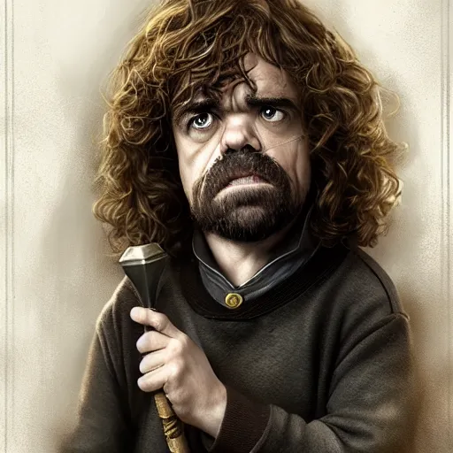 Image similar to peter dinklage as hermione granger, he is laughing, digital painting, extremely detailed, 4 k, intricate, brush strokes, mark arian, artgerm, bastien lecouffe - deharme