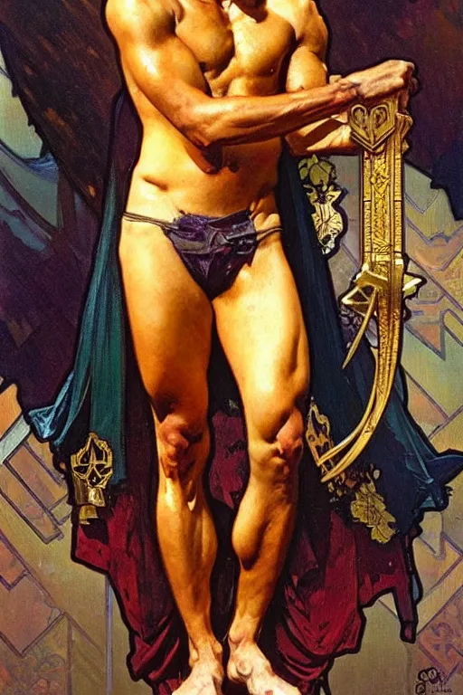 Prompt: A man wearing golden crown, muscular, painting by greg rutkowski and alphonse mucha