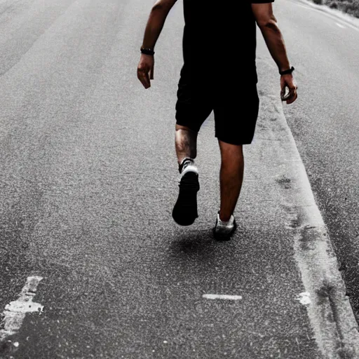 Image similar to black and white cat walking on the back of a man wearing a black t - shirt and blue shorts