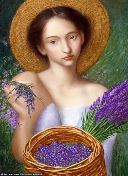 Image similar to a stunning intricate portrait of A beautiful woman, She's carrying a basket of flowers, and she has a sprig of lavender in her hair