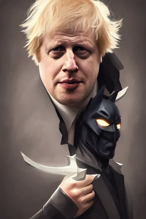 Image similar to Boris Johnson as Batman, Boris Johnson hairstyle, full body realistic portrait, highly detailed, digital painting, artstation, concept art, smooth, sharp focus, illustration, cinematic lighting, art by artgerm and greg rutkowski and alphonse mucha