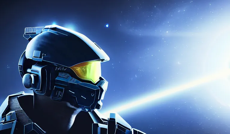 Image similar to cyberpunk halo helmet floating in space with reflections, epic, dramatic, photorealistic, award winning, 8k,